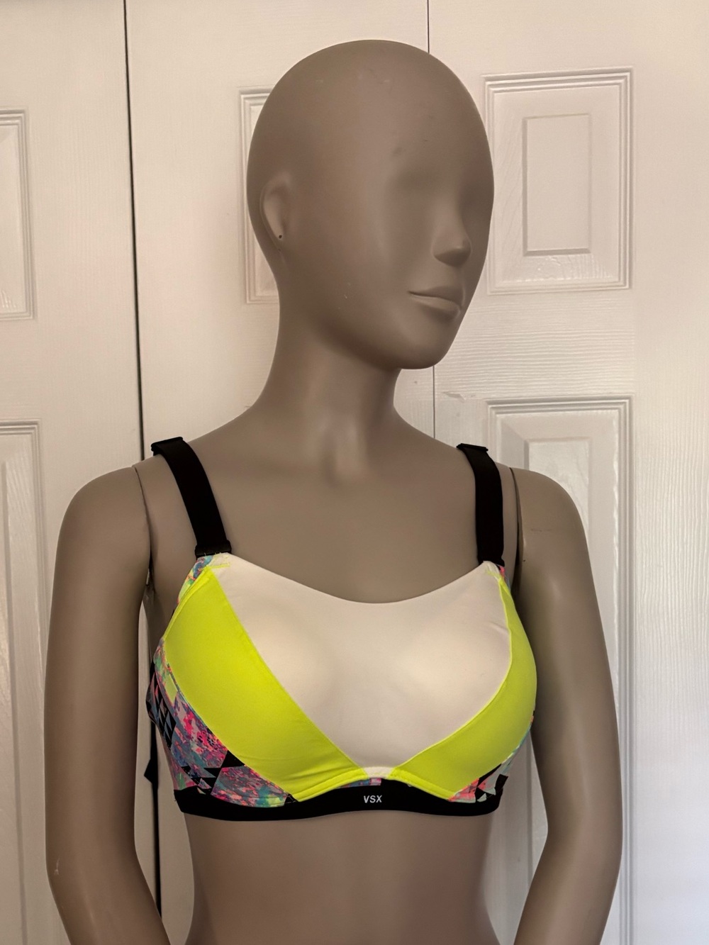VSX Neon Yellow & White Colorblock Sports Bra with Black Straps